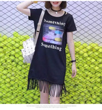 夏季女装t恤连衣裙中长款直筒流苏印花短袖时尚韩版大码均码新品