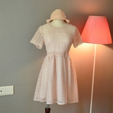 韩国订单高品质女装夏季淡粉色蕾丝连衣裙圆领短袖镂空高腰裙短裙