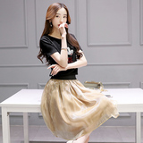 2016夏季复古短裙套装韩版网纱可爱时尚蓬蓬大码单层百褶半身裙女