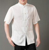 中国风夏季薄款亚麻短袖唐装中老年男士加肥加大棉麻手工盘扣衬衫