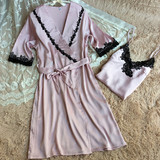 2016春夏女士真丝吊带睡裙两件套睡衣黑色蕾丝性感半袖丝绸睡袍
