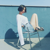 韩版潮短款纯色长袖T恤女夏胸前口袋短版露腰高腰上衣宽松露脐装