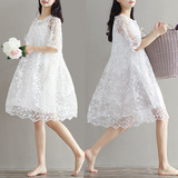 孕妇装夏季两件套蕾丝孕妇连衣裙 韩国超仙白色刺绣孕妇裙中长裙
