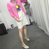 欧洲站2016夏季新款小款外套女防晒衣粉白色亮片开衫小外套