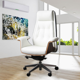 欧式白色老板椅时尚创意办公椅家用休闲椅子木纹底座真皮大班椅