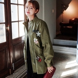 Cherrykoko韩国女装代购16春新款军装风徽章贴布风衣外套