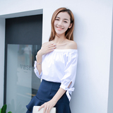 韩国2016夏装新款衬衣一字领露肩褶皱衬衫女蝴蝶结五分袖上衣