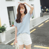 2016夏装新款韩版民族风V领短袖衬衫宽松纯色T恤雪纺上衣学生女潮
