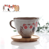 日式萌猫杯 粗陶手工釉下彩绘马克杯水杯陶瓷杯子牛奶麦片早餐杯