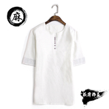 夏季中国风男装棉麻短袖t恤衫 男圆领大码中式复古唐装亚麻半袖衫