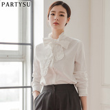 韩国Partysu白色纯棉衬衫女 2016春新款纯色系带蝴蝶结上衣打底衫