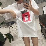 夏季新款韩版时尚印花铆钉镂空中长款短袖T恤女宽松显瘦打底上衣