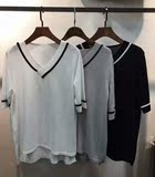 韩国夏季新款撞色拼接V领中袖套头冰丝麻针织衫打底衫t恤女