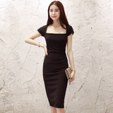 2016夏季新款韩版紧身中长款连衣裙女装修身名媛短袖性感小黑裙子
