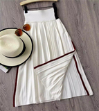【钱夫人】夏季韩版中长款白色百褶裙针织开叉半身裙a字裙