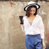 2016夏装新款韩版休闲宽松大码不规则显瘦五分袖中长款衬衫女短款