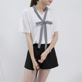 韩版竖条纹系带宽松圆领短袖T恤女夏锦棉罗马布百搭个性休闲上衣