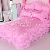 韩式纯棉蕾丝粉色四件套公主小清新花朵全棉1.8m4件套床裙被套
