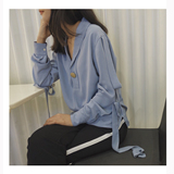 DAGUI 2016初春新款vintage金属扣Ｖ领套头长袖飘带衬衫女