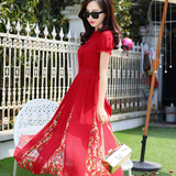 2016夏装新款韩版红裙子修身大摆型碎花雪纺连衣裙时尚印花长裙女