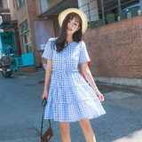 韩国2016新款格子连衣裙短袖女学生中长款夏装泡泡棉小清新衬衫裙