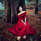 2016夏季女装复古文艺红色连衣裙一字领泡泡袖收腰大摆仙女长裙