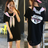韩国代购2016夏季可爱纯棉学生卡通韩版宽松中长款短袖t恤女装潮