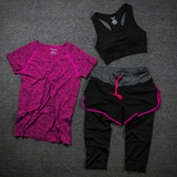 锦衣社 夏季运动套装女健身跑步速干T恤文胸中长裤三件套瑜伽服