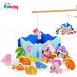 木制幼儿童磁性钓鱼玩具池套装宝宝益智力小猫钓鱼竿批发1-2-3岁