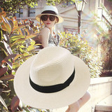 夏季可折叠草帽 平檐草编沙滩帽子 英伦黑白色遮阳情侣礼帽男女士