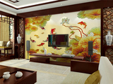 大型壁画3D立体墙纸壁画中式九鱼荷花图客厅电视背景墙定制壁纸