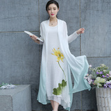 夏季文艺中国风女装棉麻连衣裙显瘦复古亚麻长裙印花两件套装裙子