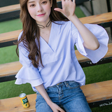 夏装 韩国竖条纹V领衬衫喇叭袖条纹衬衫短袖上衣打底衫气质清新