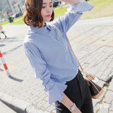 韩国韩版春秋装女清新浅蓝色条纹喇叭袖衬衫长袖珍珠扣花边衬衣