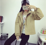 2016秋装韩版时尚学生连帽抽绳短款薄款长袖工装纯色外套夹克女潮
