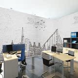 简约现代 工业风办公室工装壁纸 3D立体砖城市建筑黑白墙纸壁画