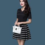 2016夏装新款韩版短袖雪纺短袖黑白条纹连衣裙休闲V领女学生夏裙