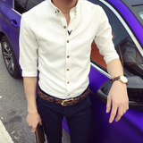 夏季英伦男士七分袖衬衫韩版商务休闲短袖白衬衣纯色寸衫修身男装