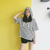2016夏季女装新款韩国宽松款条纹短袖连帽T恤运动竹节棉休闲帽衫