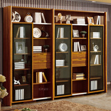 现代中式实木二门书橱三门书柜书架带门自由组合带玻璃门移门书柜