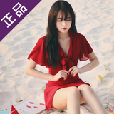 韩国Milkcocoa正品代购系带蝴蝶结V领荷叶边袖修身显瘦红色连衣裙