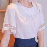 babirolen韩国女装代购 2016夏季新款蕾丝蝴蝶结短袖雪纺衫上衣