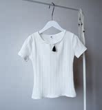 夏季韩版领口镂空流苏装饰纯棉短袖t恤女士短款高腰弹力修身上衣