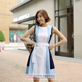 韩国2016夏季新款修身显瘦收腰拼接无袖连衣裙女中长款OL气质裙子
