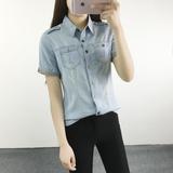 牛仔衬衫女短袖2016夏季新款少女韩版修身学生衬衣开衫薄外套 潮