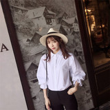 2016年春夏季新款韩版气质宽松方领衬衫女长袖灯笼袖白色衬衣女士