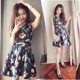 韩国2016夏季新款印花无袖套装连衣裙女显瘦碎花背心中裙子两件套