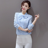 2016韩版女装蝴蝶结刺绣蕾丝衬衫套头修身上衣蕾丝衫