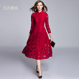 2016春秋季新款女大摆裙晚装式超长修身显瘦红色蕾丝长裙连衣裙