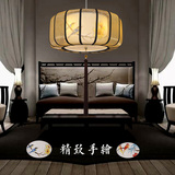现代新中式客厅餐厅卧室手绘布艺吊灯古典酒店茶楼圆形仿羊皮灯具